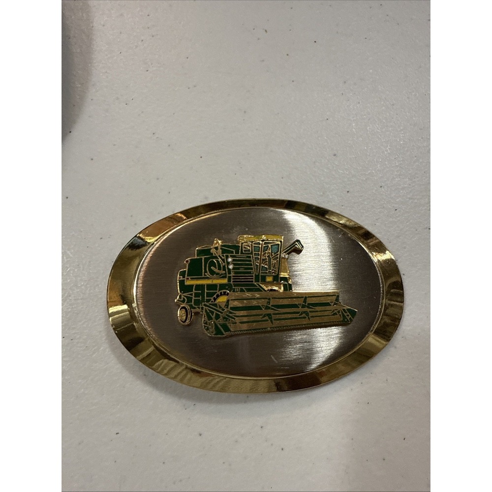 Vintage farm equipment golden Belt buckle green combine